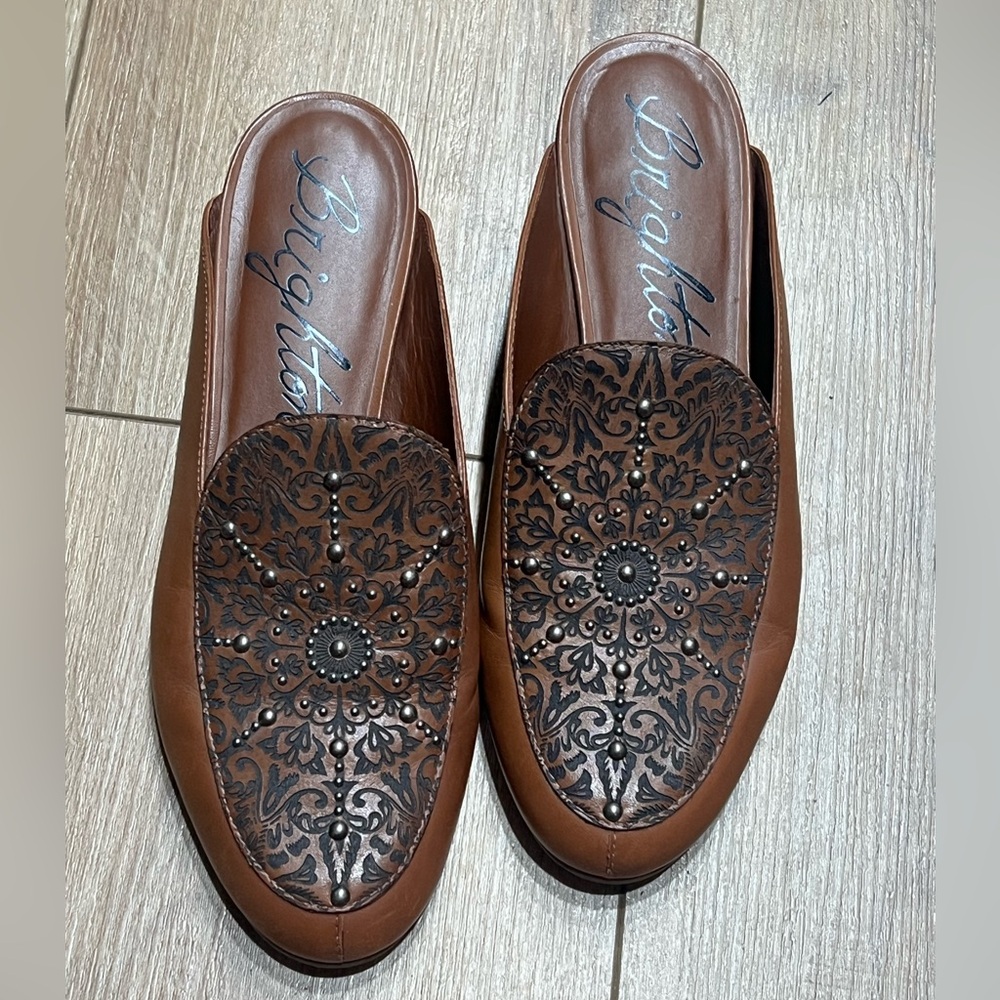 Brighton Women’s Sz 7.5 Icon Luggage Vacchetta Laser Brown Leather Shoes Mules
